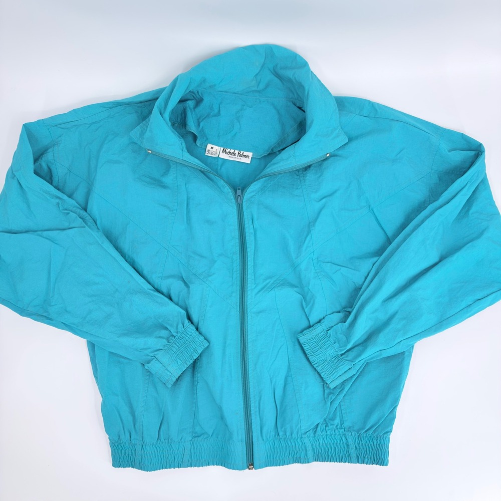 Michele Palmer Windbreaker Jacket Track 90s Vintage Women Size Medium Teal Blue